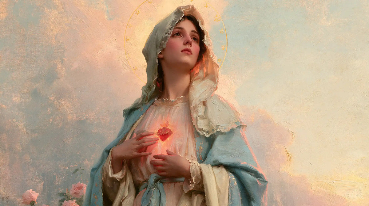 the Immaculate Heart of Mary at dawn in The Immaculate Heart at Dawn style, landscape Christian artwork no. 11