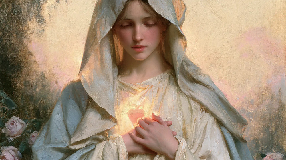 the Immaculate Heart of Mary at dawn in The Immaculate Heart at Dawn style, landscape Christian artwork no. 12