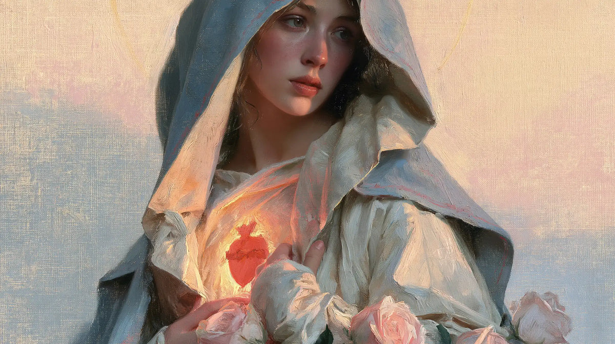 the Immaculate Heart of Mary at dawn in The Immaculate Heart at Dawn style, landscape Christian artwork no. 13
