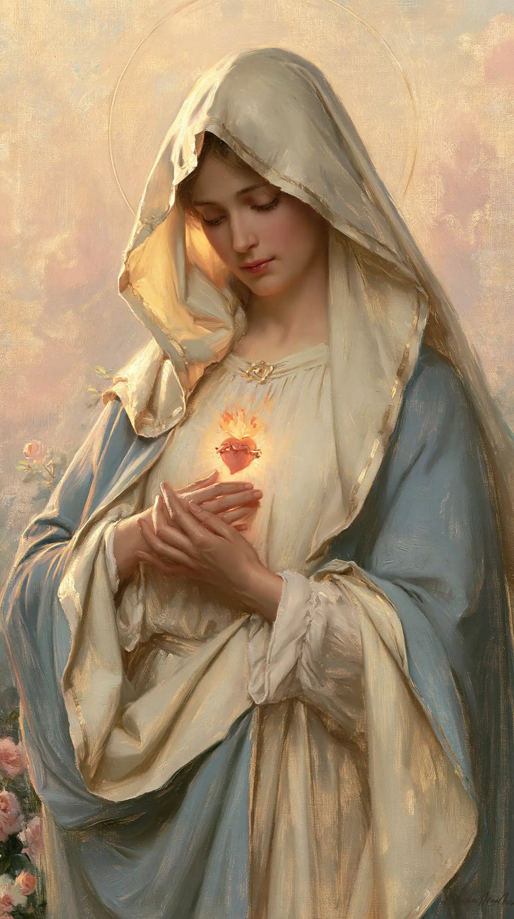 the Immaculate Heart of Mary at dawn in The Immaculate Heart at Dawn style, portrait Christian artwork no. 1