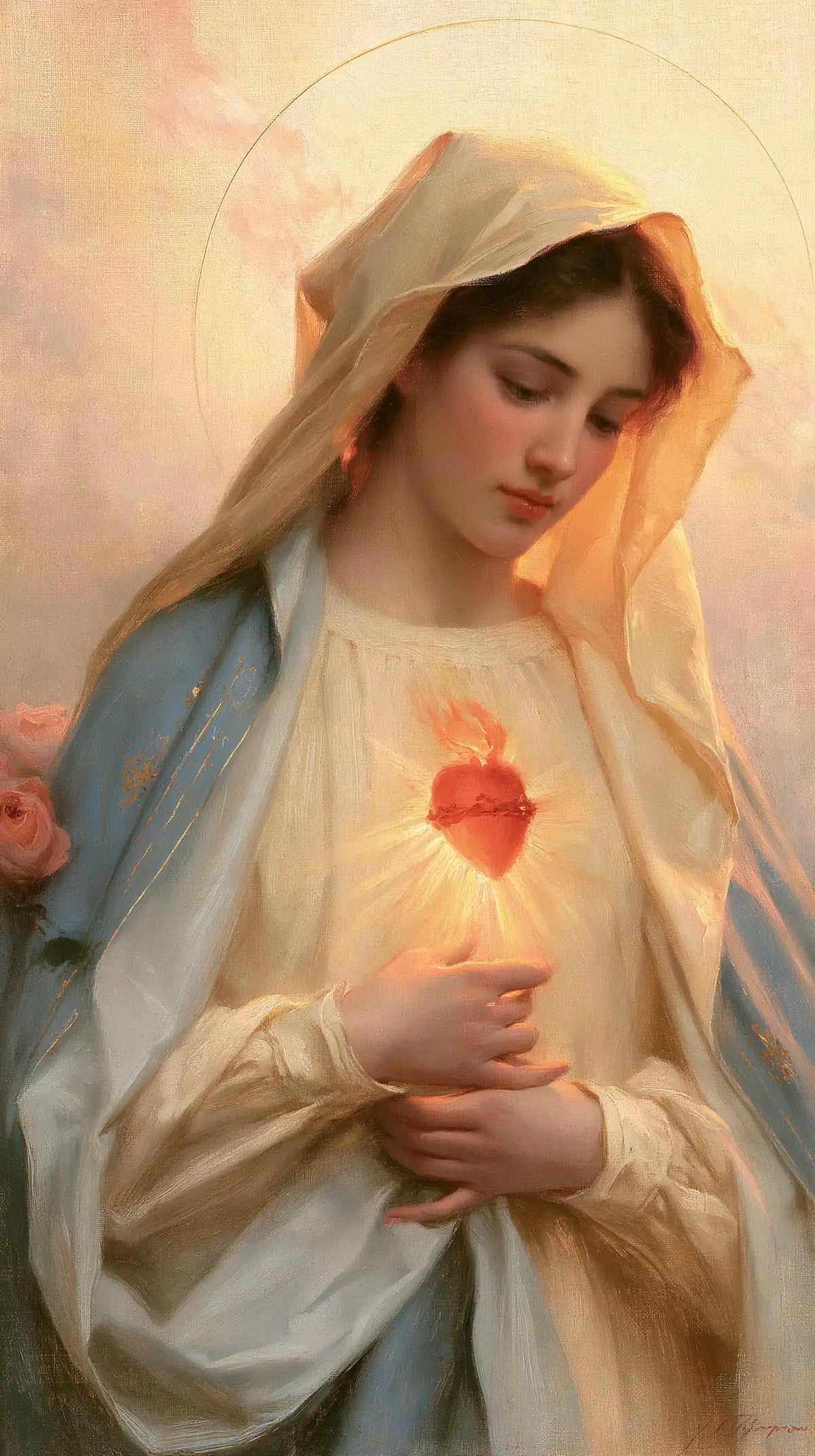 the Immaculate Heart of Mary at dawn in The Immaculate Heart at Dawn style, portrait Christian artwork no. 3