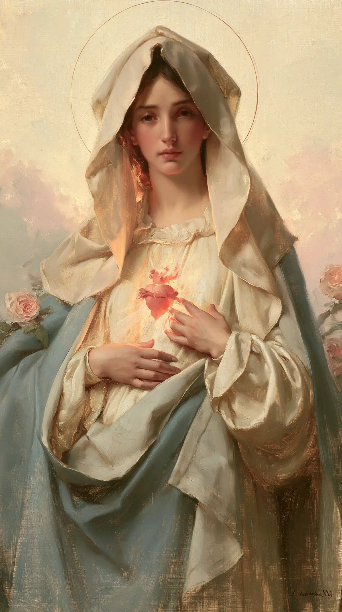 the Immaculate Heart of Mary at dawn in The Immaculate Heart at Dawn style, portrait Christian artwork no. 4