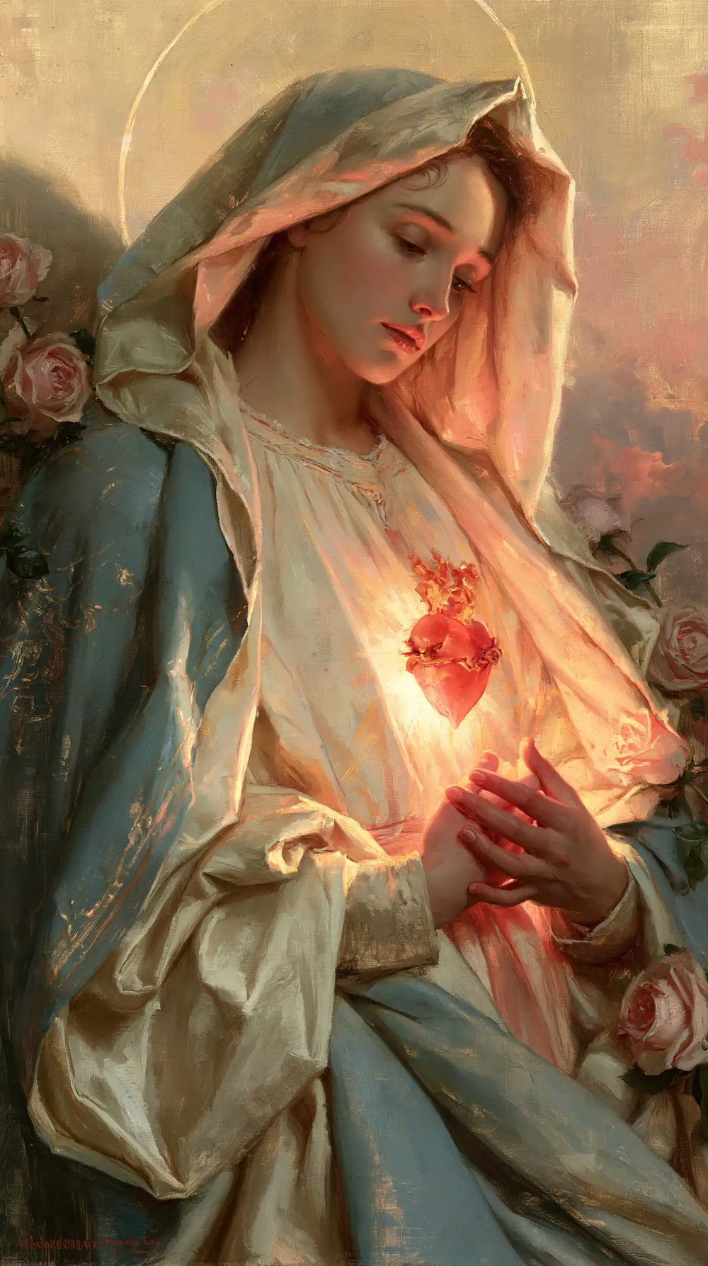 the Immaculate Heart of Mary at dawn in The Immaculate Heart at Dawn style, portrait Christian artwork no. 6