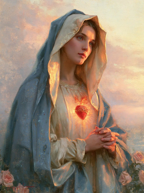 the Immaculate Heart of Mary at dawn in The Immaculate Heart at Dawn style, portrait Christian artwork no. 12