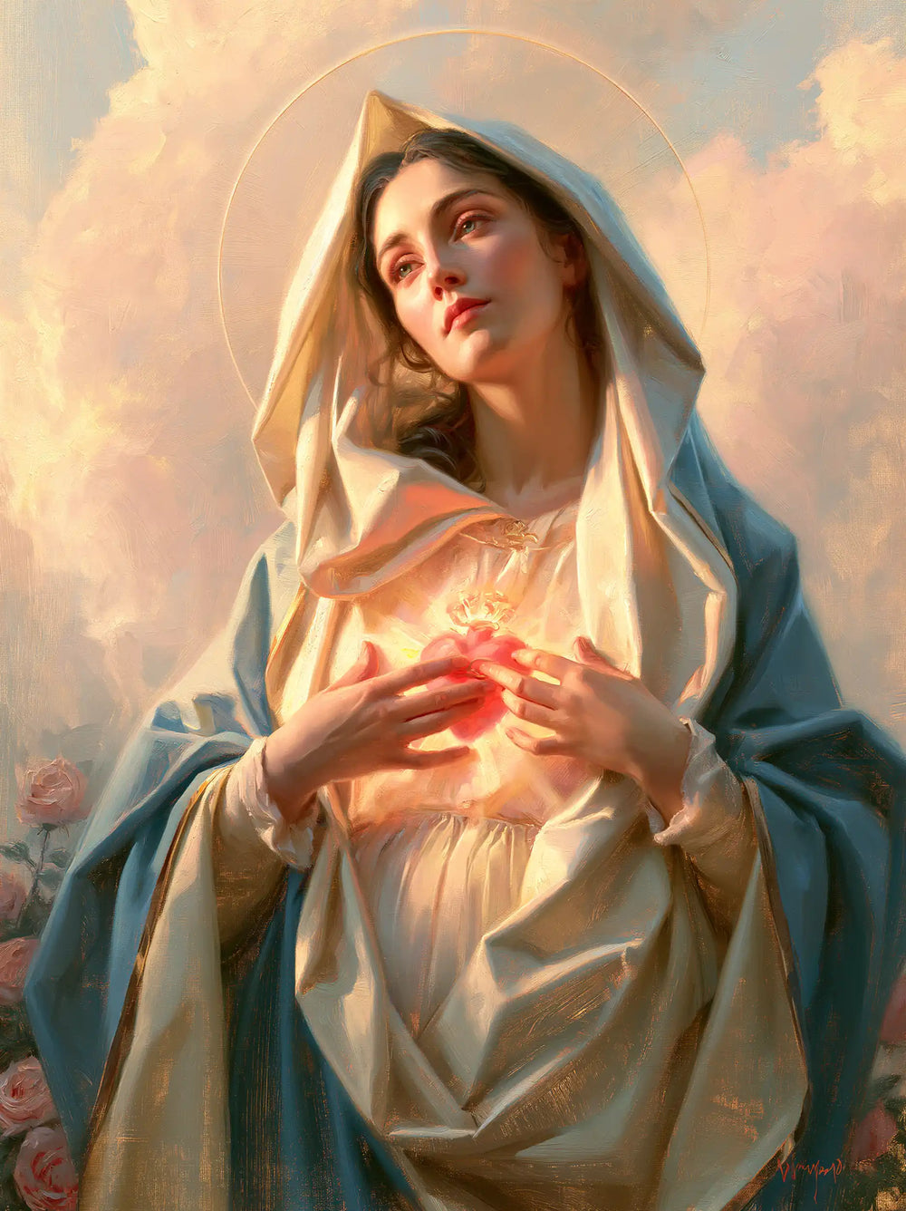 the Immaculate Heart of Mary at dawn in The Immaculate Heart at Dawn style, portrait Christian artwork no. 18
