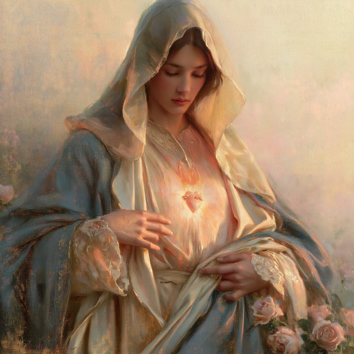 the Immaculate Heart of Mary at dawn in The Immaculate Heart at Dawn style, square Christian artwork no. 1
