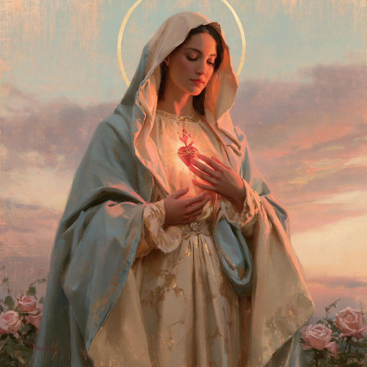 the Immaculate Heart of Mary at dawn in The Immaculate Heart at Dawn style, square Christian artwork no. 3