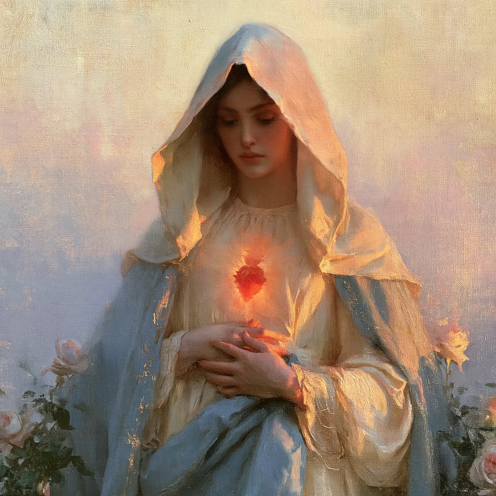 the Immaculate Heart of Mary at dawn in The Immaculate Heart at Dawn style, square Christian artwork no. 4