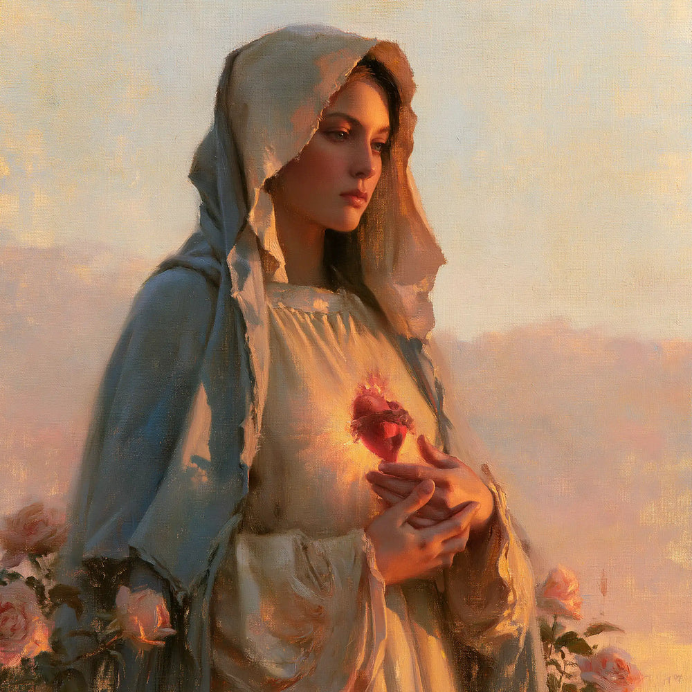 the Immaculate Heart of Mary at dawn in The Immaculate Heart at Dawn style, square Christian artwork no. 6