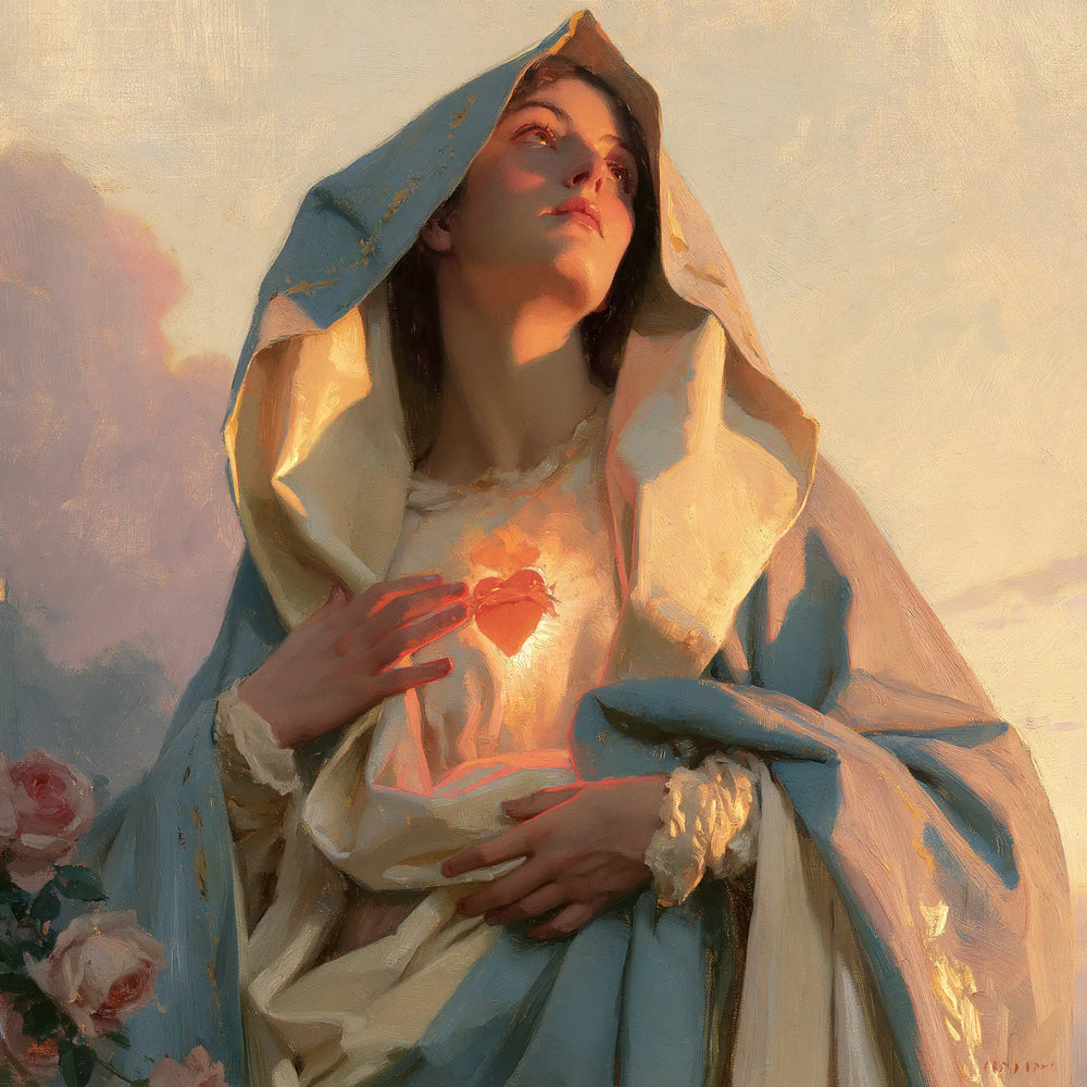 the Immaculate Heart of Mary at dawn in The Immaculate Heart at Dawn style, square Christian artwork no. 7
