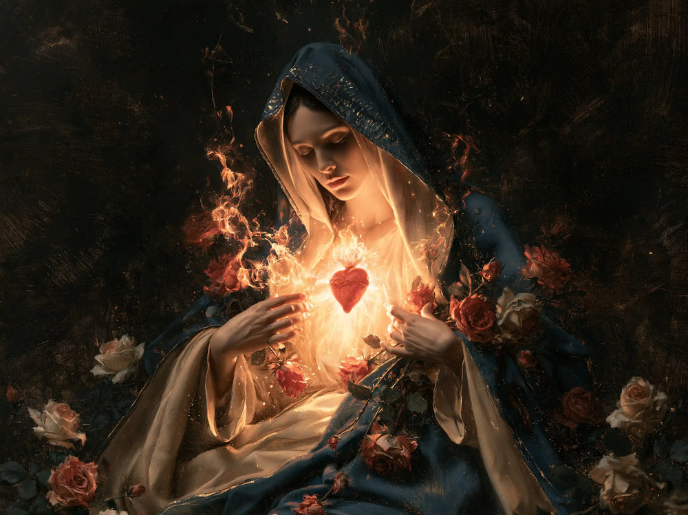 Mary and her Immaculate Heart surrounded by divine light in Mary as Divine Light style, landscape Christian artwork no. 5