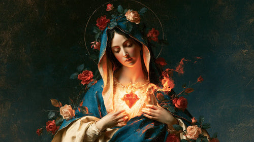 Mary and her Immaculate Heart surrounded by divine light in Mary as Divine Light style, landscape Christian artwork no. 9