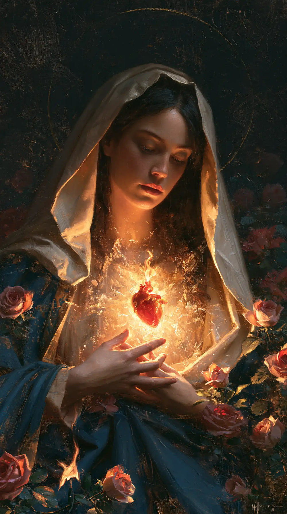 Mary and her Immaculate Heart surrounded by divine light in Mary as Divine Light style, portrait Christian artwork no. 3