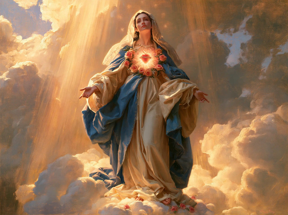 Mary upon the clouds with her Immaculate Heart in Mary upon the Clouds with the Immaculate Heart style, landscape Christian artwork no. 3