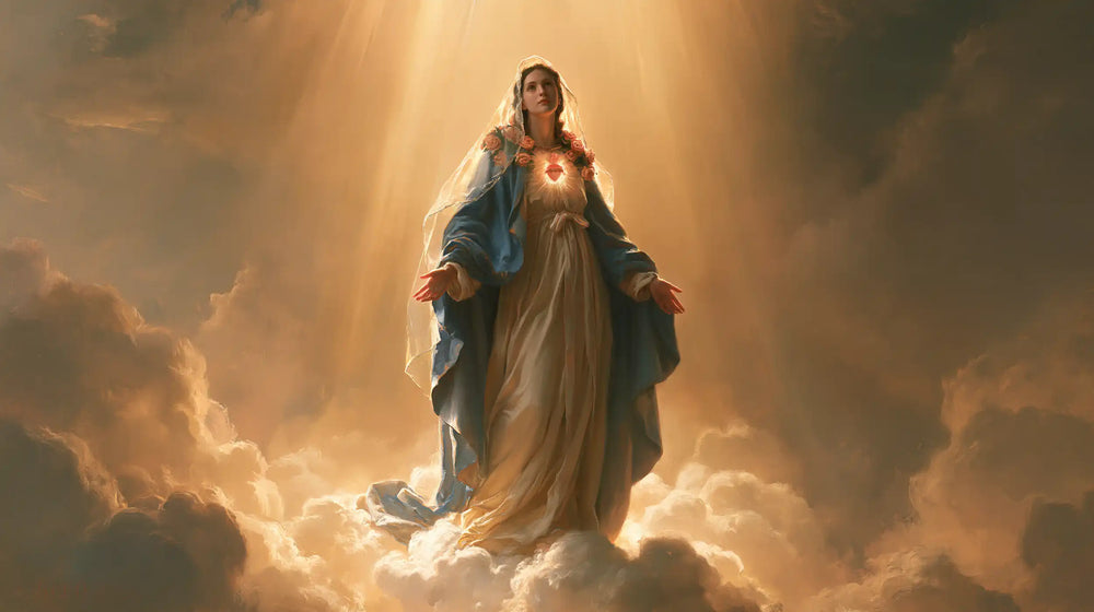 Mary upon the clouds with her Immaculate Heart in Mary upon the Clouds with the Immaculate Heart style, landscape Christian artwork no. 7