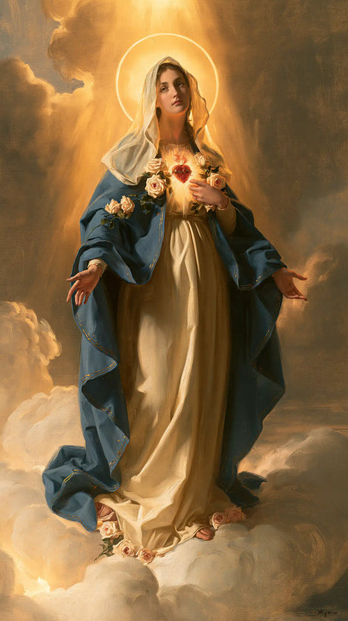 Mary upon the clouds with her Immaculate Heart in Mary upon the Clouds with the Immaculate Heart style, portrait Christian artwork no. 1