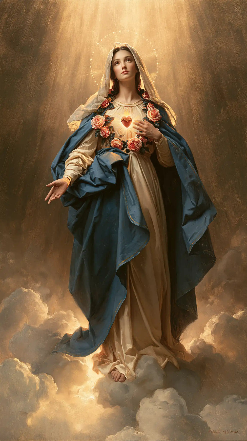 Mary upon the clouds with her Immaculate Heart in Mary upon the Clouds with the Immaculate Heart style, portrait Christian artwork no. 2