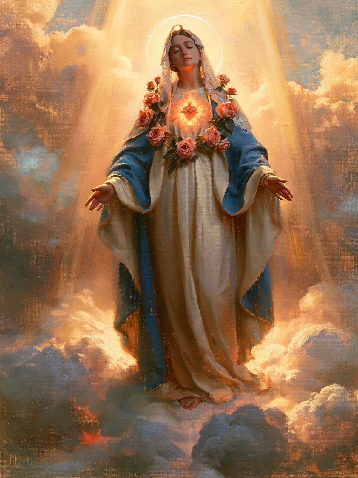 Mary upon the clouds with her Immaculate Heart in Mary upon the Clouds with the Immaculate Heart style, portrait Christian artwork no. 18