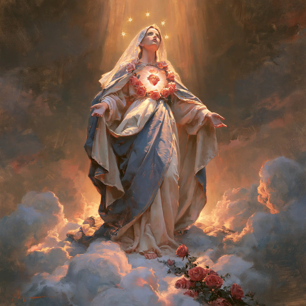Mary upon the clouds with her Immaculate Heart in Mary upon the Clouds with the Immaculate Heart style, square Christian artwork no. 6