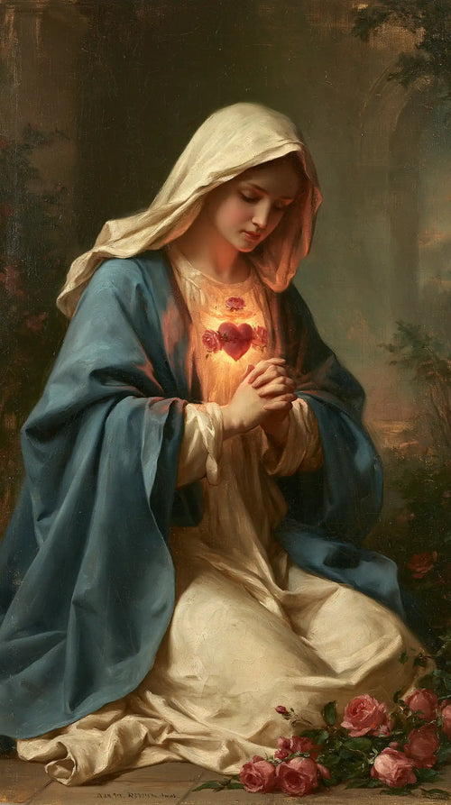 Mary praying with her Immaculate Heart in Mary in Prayer with the Immaculate Heart style, portrait Christian artwork no. 5