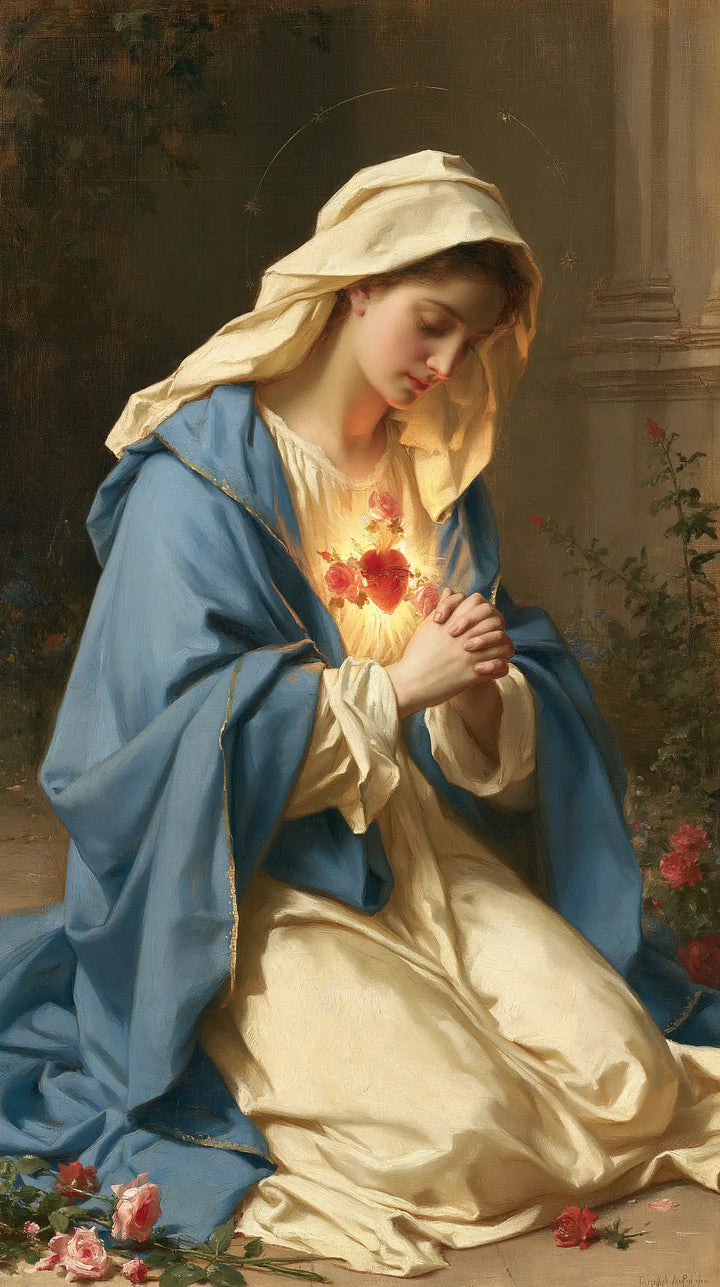 The Immaculate Heart of Mary — The Pale Veil Above Bent Knees