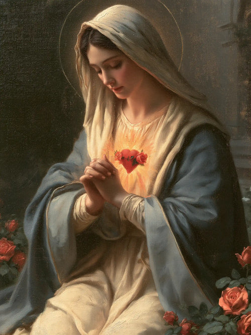 Mary praying with her Immaculate Heart in Mary in Prayer with the Immaculate Heart style, portrait Christian artwork no. 18