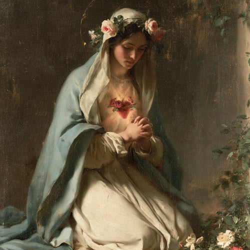 Mary praying with her Immaculate Heart in Mary in Prayer with the Immaculate Heart style, square Christian artwork no. 4