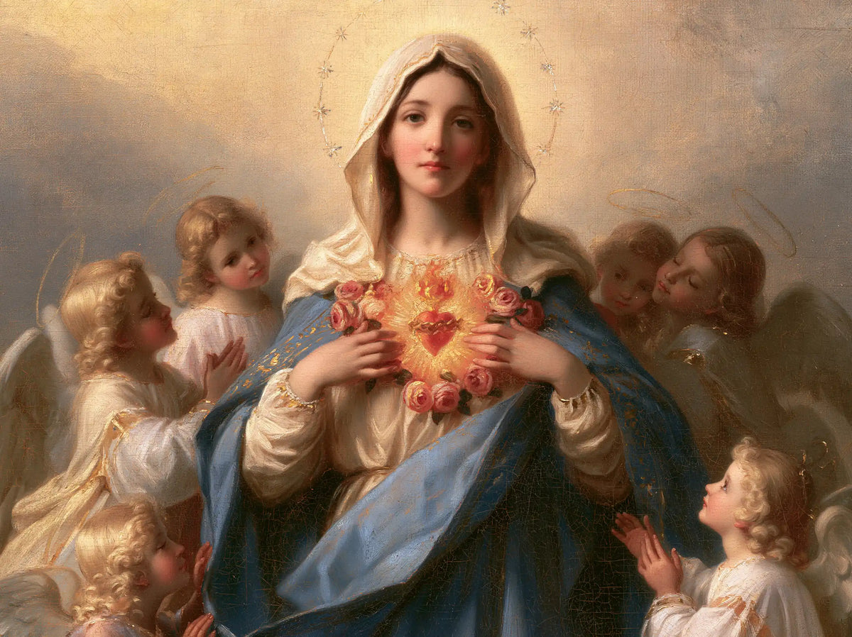 the Immaculate Heart of Mary surrounded by angels in Mary Surrounded by Angels style, landscape Christian artwork no. 5