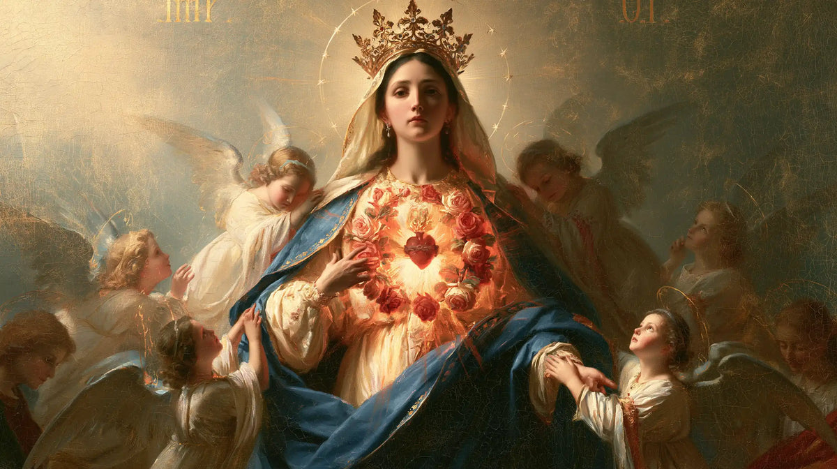 the Immaculate Heart of Mary surrounded by angels in Mary Surrounded by Angels style, landscape Christian artwork no. 8