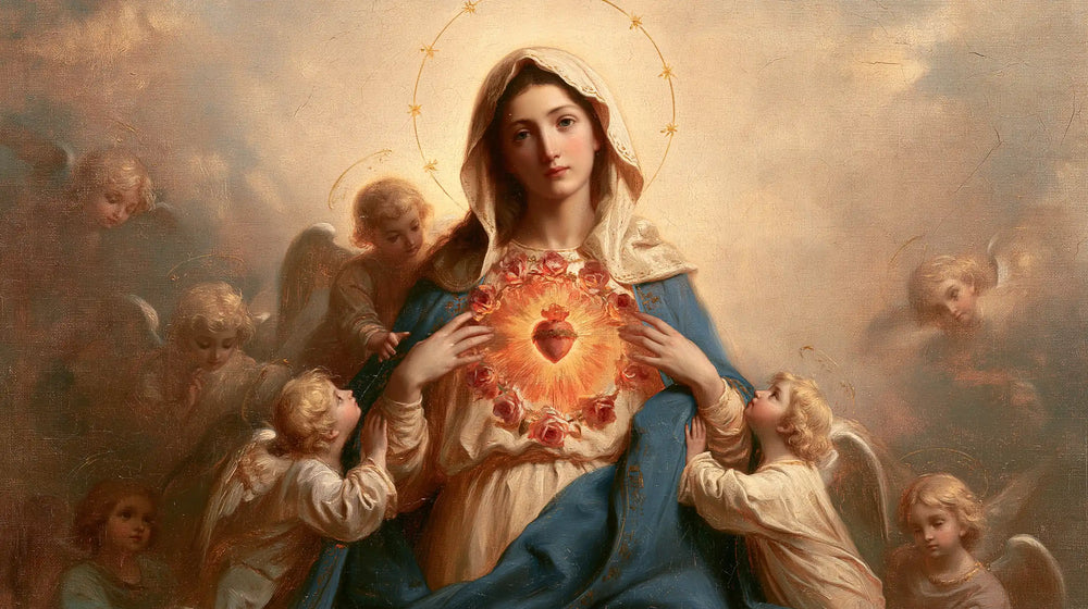 the Immaculate Heart of Mary surrounded by angels in Mary Surrounded by Angels style, landscape Christian artwork no. 10