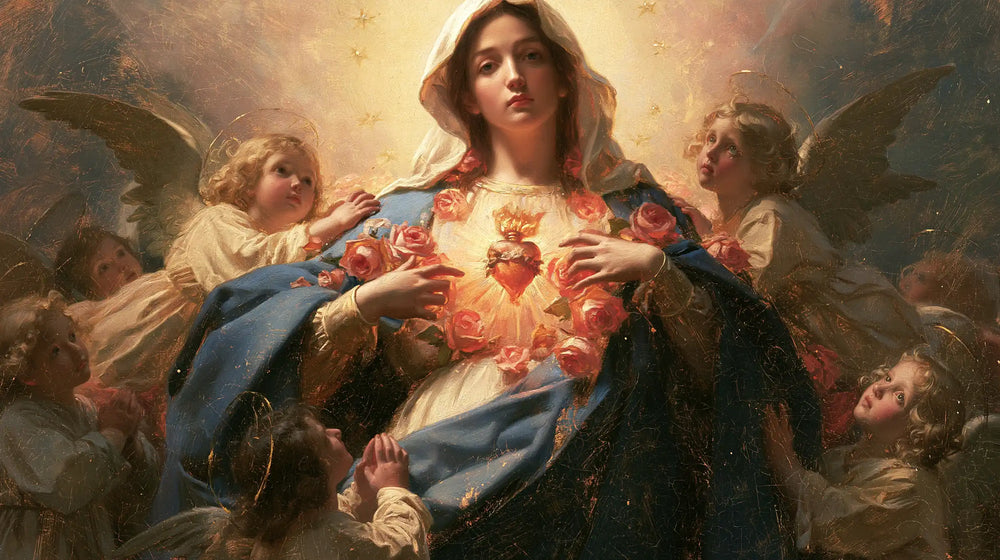 the Immaculate Heart of Mary surrounded by angels in Mary Surrounded by Angels style, landscape Christian artwork no. 11