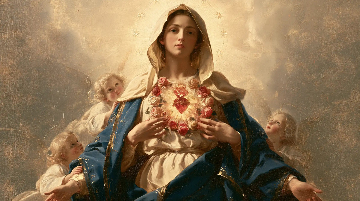 the Immaculate Heart of Mary surrounded by angels in Mary Surrounded by Angels style, landscape Christian artwork no. 17