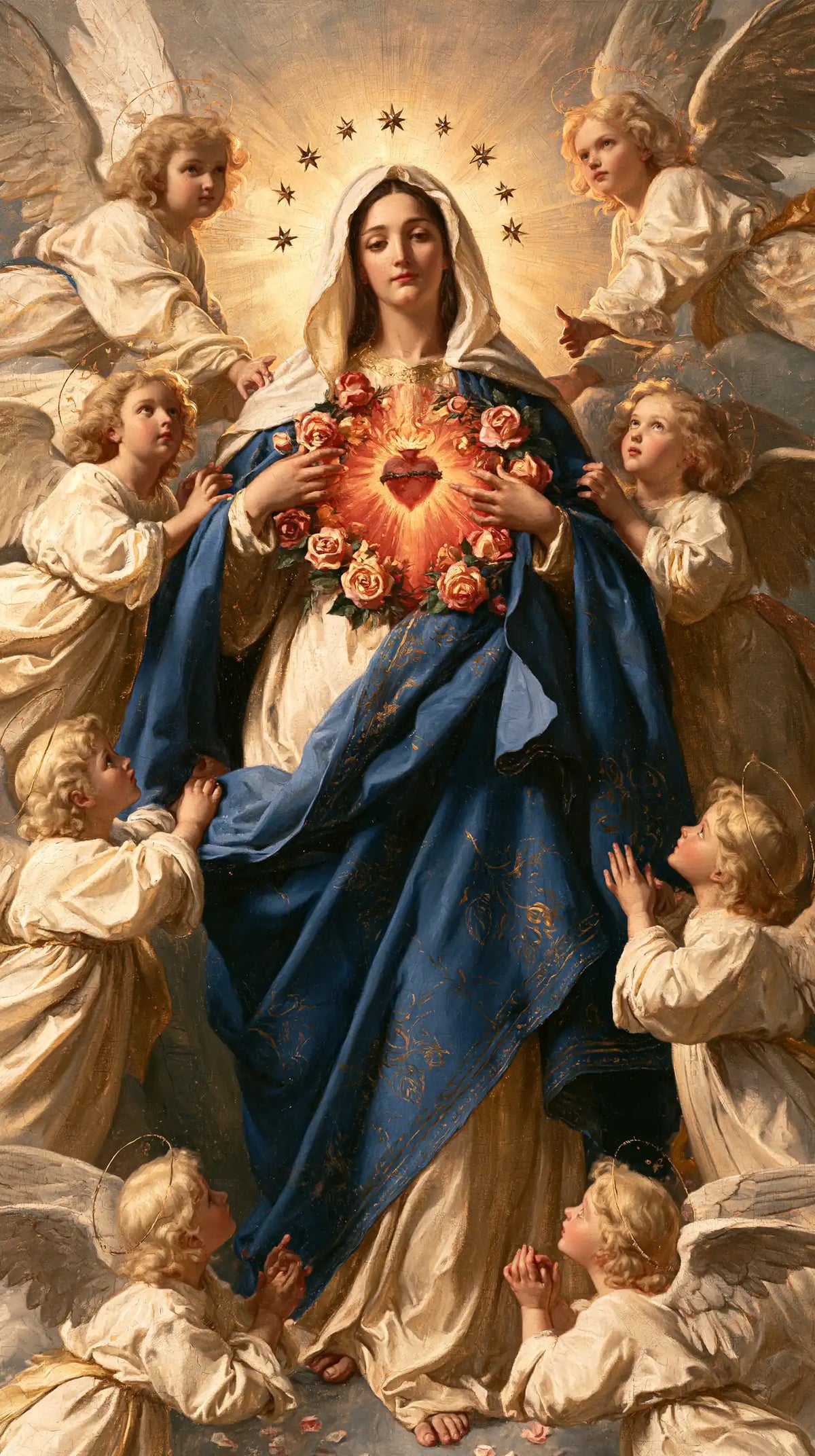 the Immaculate Heart of Mary surrounded by angels in Mary Surrounded by Angels style, portrait Christian artwork no. 2