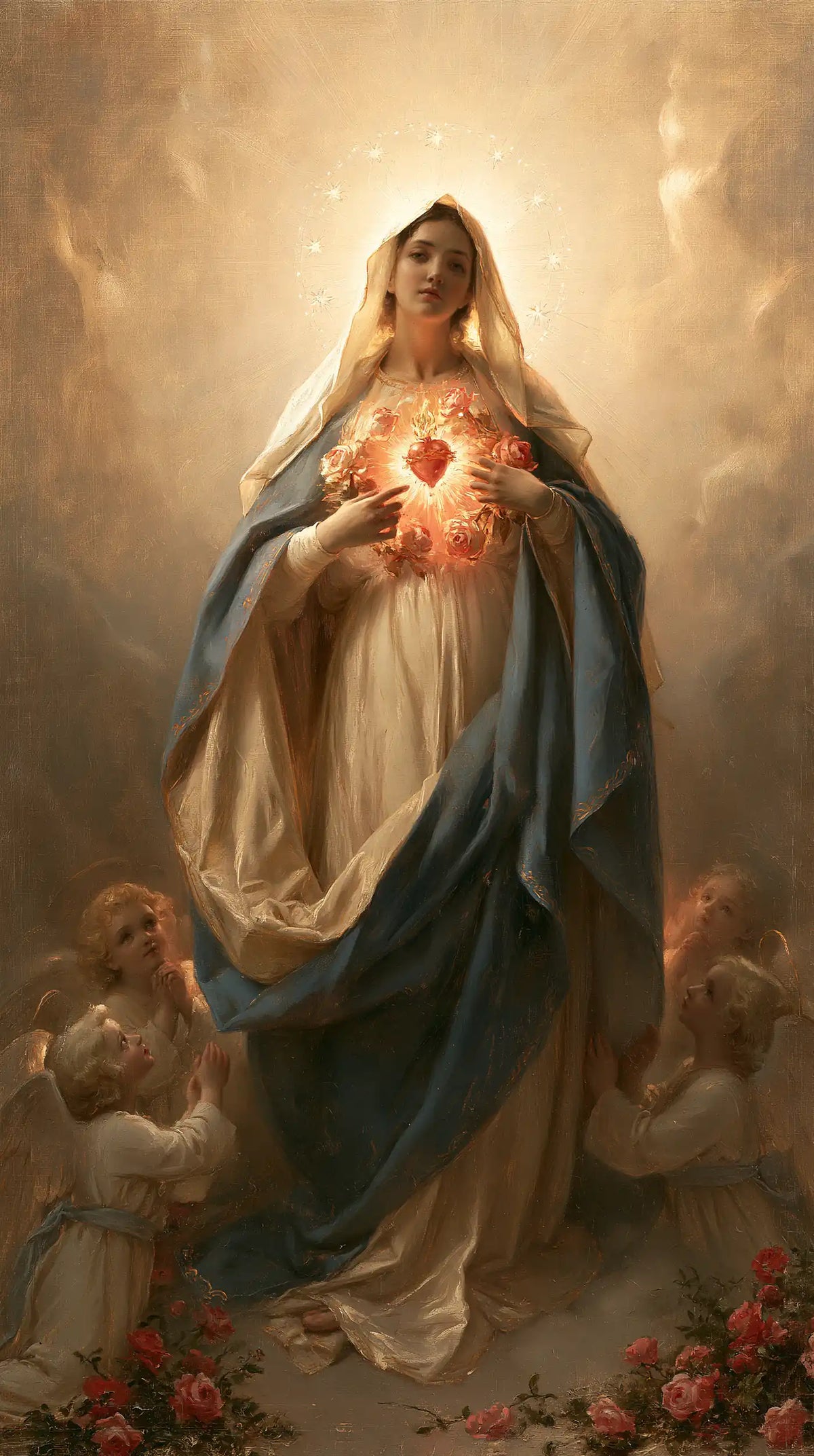 the Immaculate Heart of Mary surrounded by angels in Mary Surrounded by Angels style, portrait Christian artwork no. 5