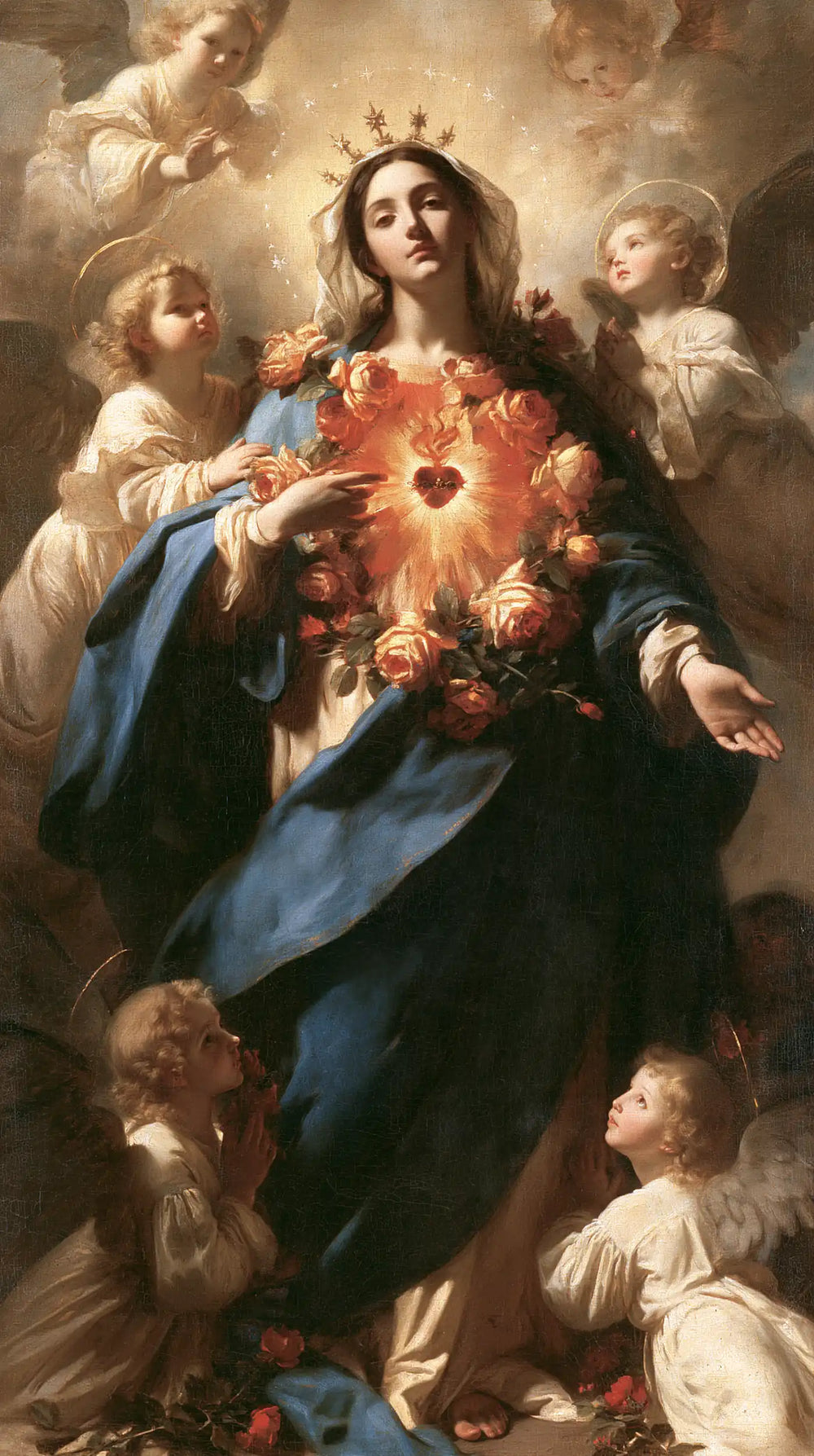 the Immaculate Heart of Mary surrounded by angels in Mary Surrounded by Angels style, portrait Christian artwork no. 7