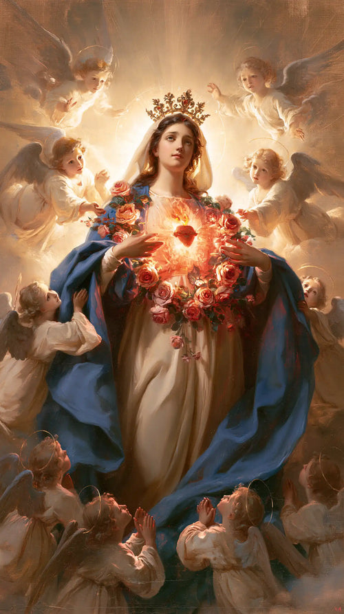 the Immaculate Heart of Mary surrounded by angels in Mary Surrounded by Angels style, portrait Christian artwork no. 9