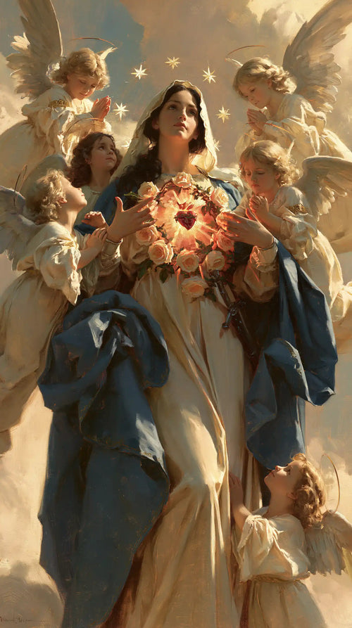the Immaculate Heart of Mary surrounded by angels in Mary Surrounded by Angels style, portrait Christian artwork no. 12
