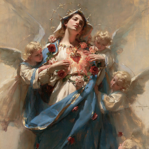 the Immaculate Heart of Mary surrounded by angels in Mary Surrounded by Angels style, square Christian artwork no. 3