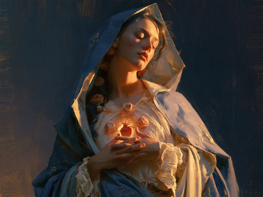 the Immaculate Heart of Mary in midnight-blue chiaroscuro in Midnight Blue Chiaroscuro style, landscape Christian artwork no. 4