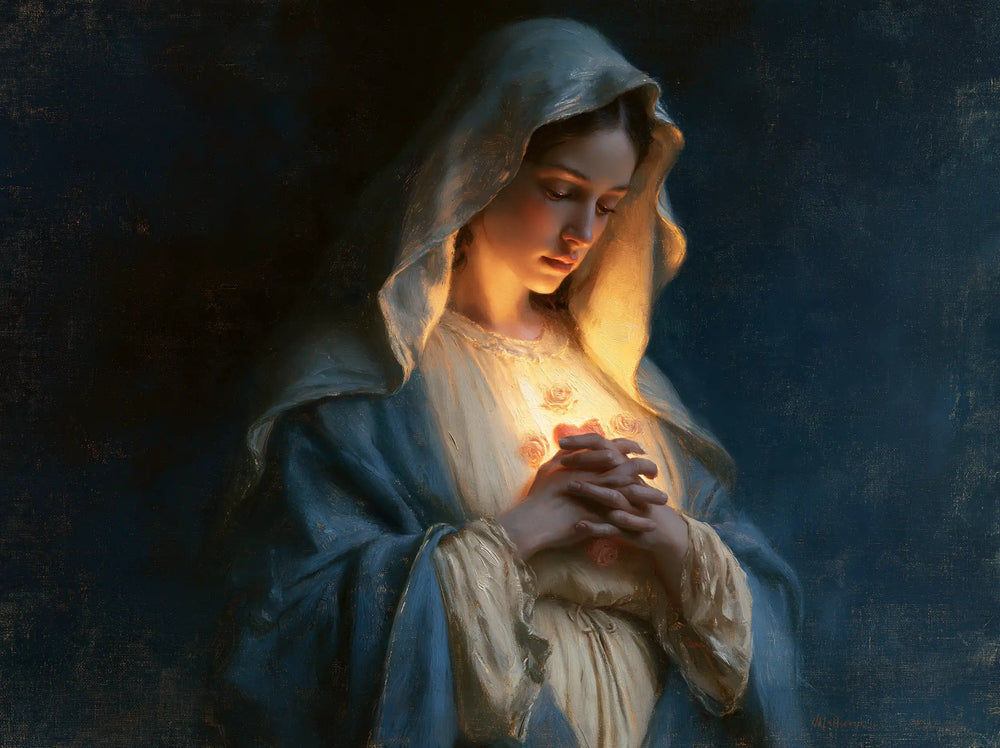 the Immaculate Heart of Mary in midnight-blue chiaroscuro in Midnight Blue Chiaroscuro style, landscape Christian artwork no. 7