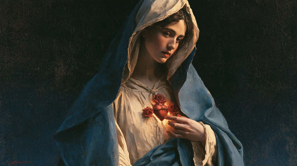 the Immaculate Heart of Mary in midnight-blue chiaroscuro in Midnight Blue Chiaroscuro style, landscape Christian artwork no. 11