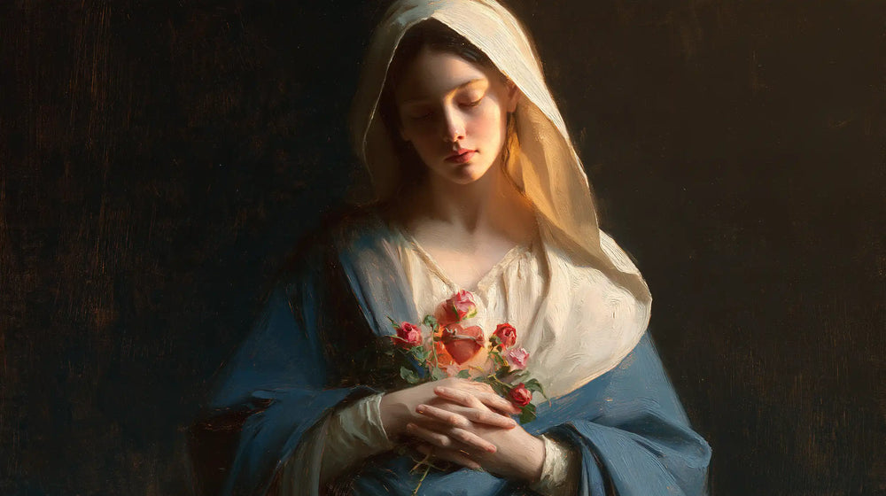 the Immaculate Heart of Mary in midnight-blue chiaroscuro in Midnight Blue Chiaroscuro style, landscape Christian artwork no. 14