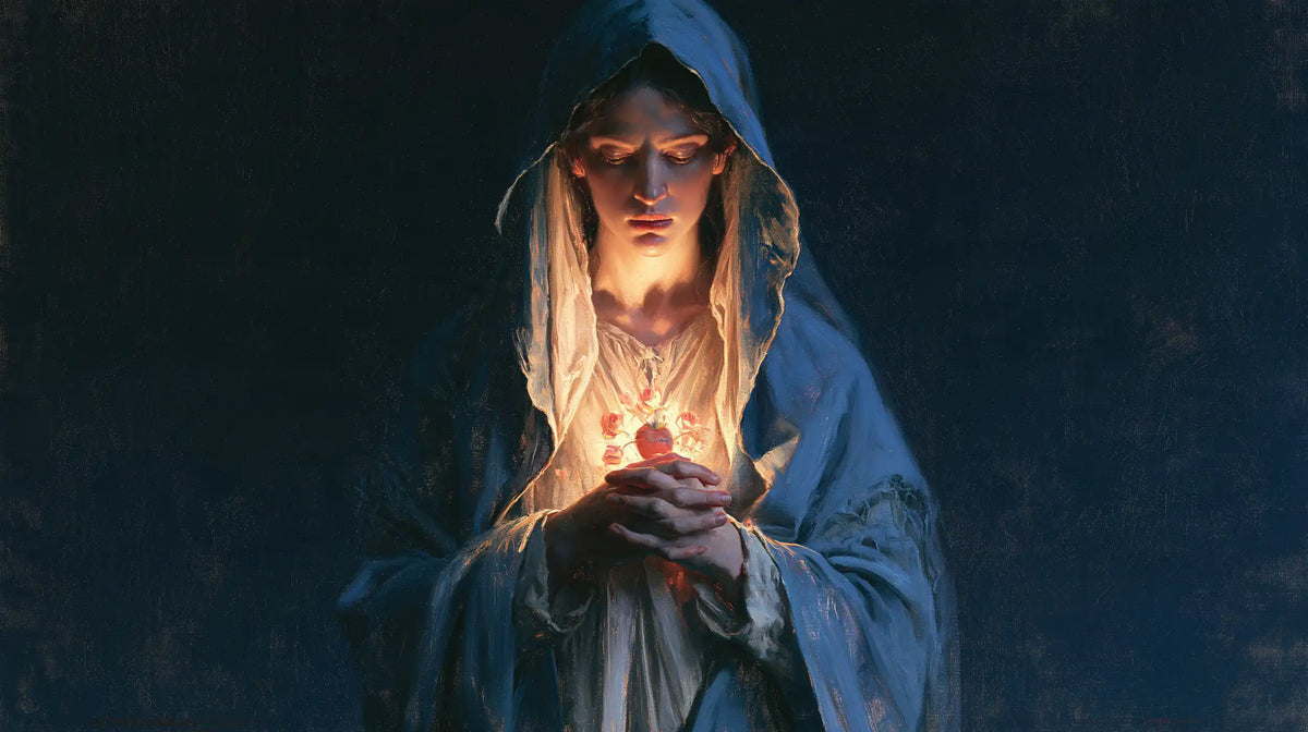 the Immaculate Heart of Mary in midnight-blue chiaroscuro in Midnight Blue Chiaroscuro style, landscape Christian artwork no. 17
