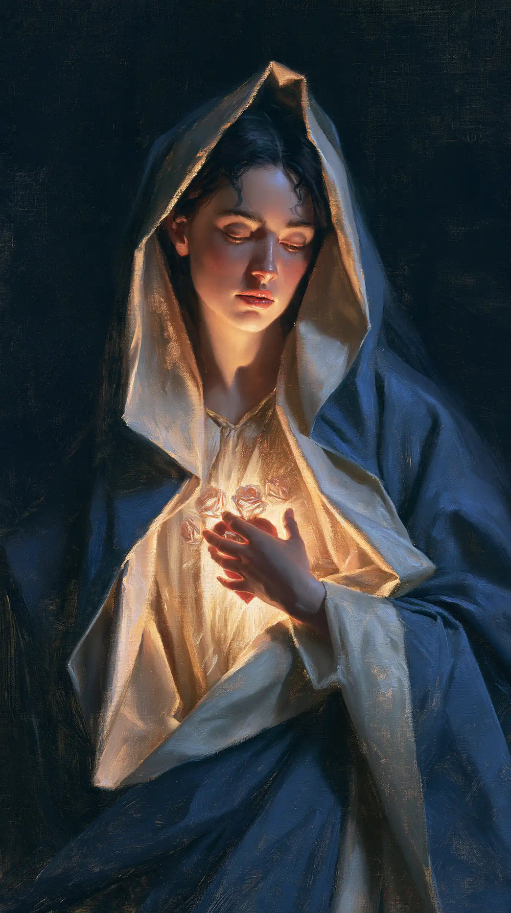 the Immaculate Heart of Mary in midnight-blue chiaroscuro in Midnight Blue Chiaroscuro style, portrait Christian artwork no. 9