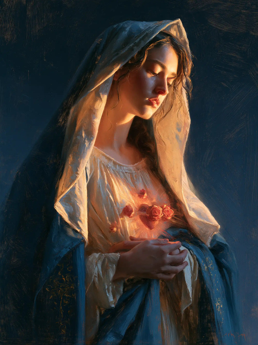 the Immaculate Heart of Mary in midnight-blue chiaroscuro in Midnight Blue Chiaroscuro style, portrait Christian artwork no. 21