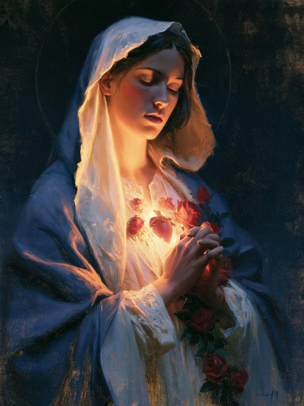 the Immaculate Heart of Mary in midnight-blue chiaroscuro in Midnight Blue Chiaroscuro style, portrait Christian artwork no. 22
