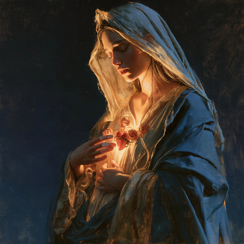the Immaculate Heart of Mary in midnight-blue chiaroscuro in Midnight Blue Chiaroscuro style, square Christian artwork no. 9
