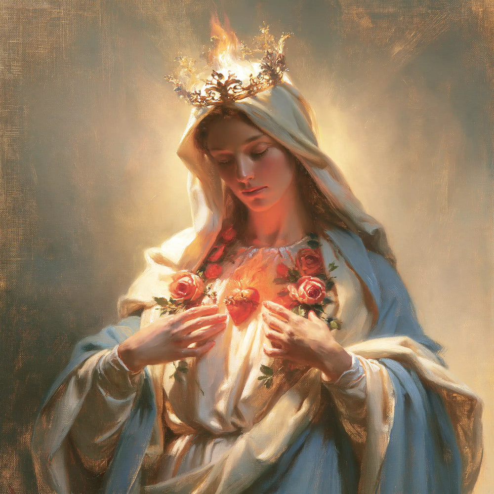 the peace and purity of the Immaculate Heart of Mary in Peace and Purity of Mary's Heart style, square Christian artwork no. 1