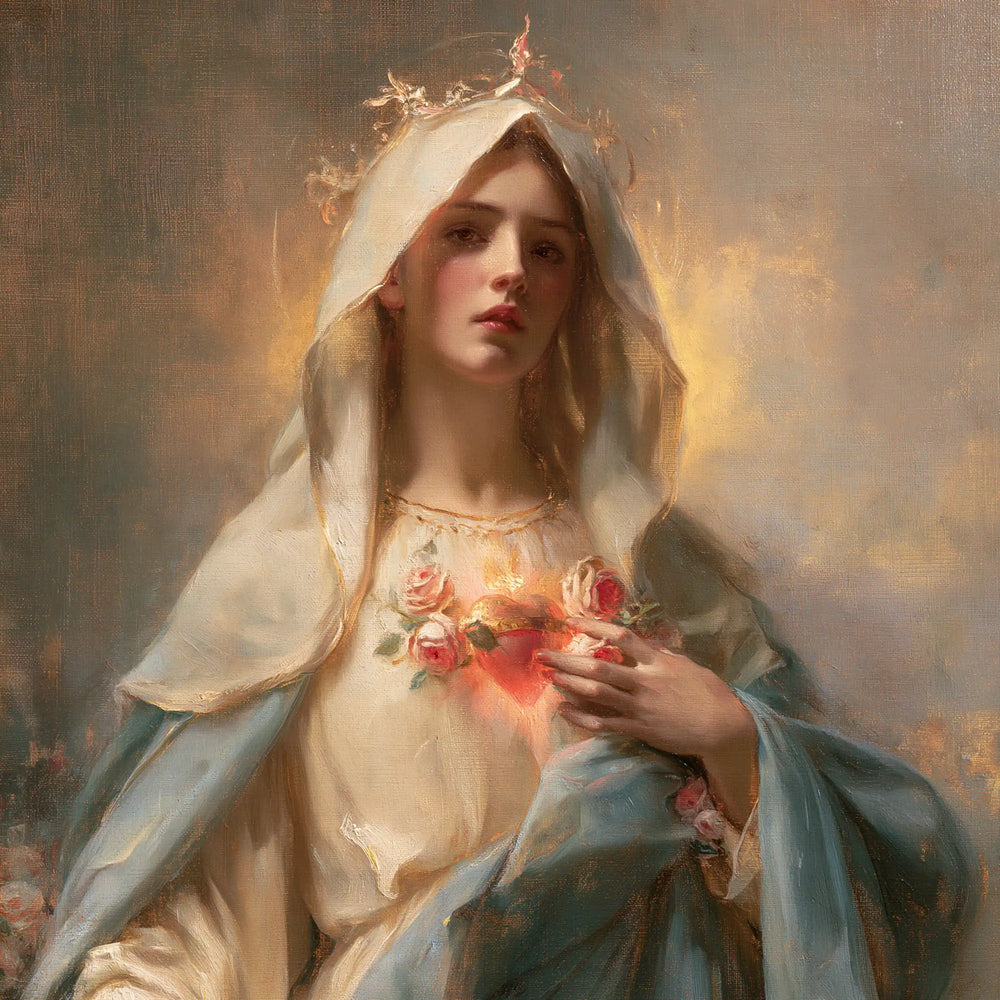 the peace and purity of the Immaculate Heart of Mary in Peace and Purity of Mary's Heart style, square Christian artwork no. 5