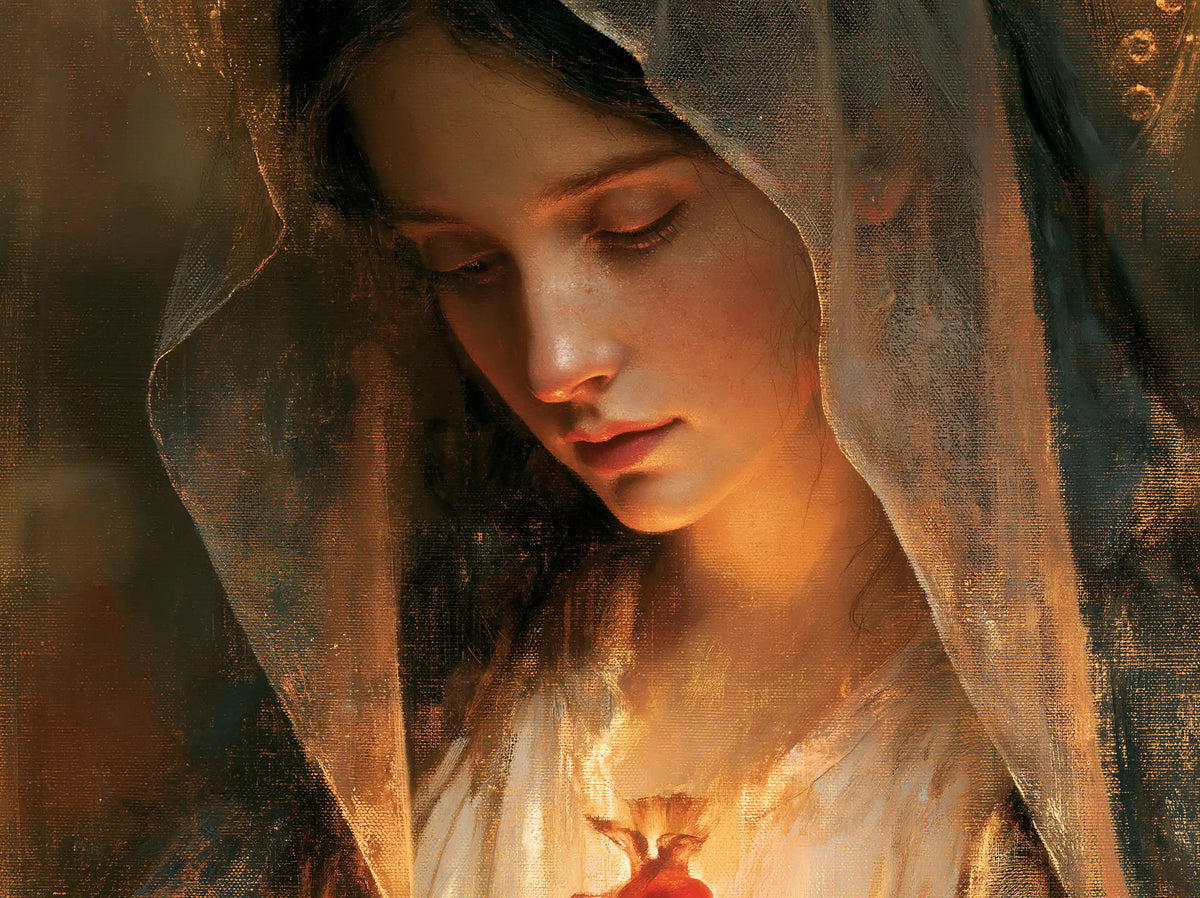 a close portrait of Mary with her Immaculate Heart in Psychological Close-Up style, landscape Christian artwork no. 4